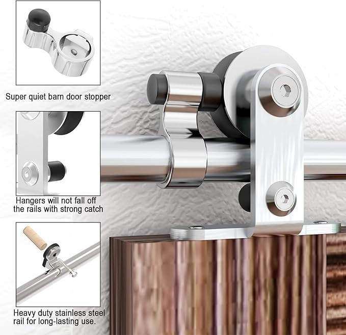 TSMST 8FT Sliding Barn Door Hardware Kit, Top Mount Stainless Steel Heavy Duty Sturdy Barn Door Track for Double Wood Door, Slide Smoothly Quietly (T Style)