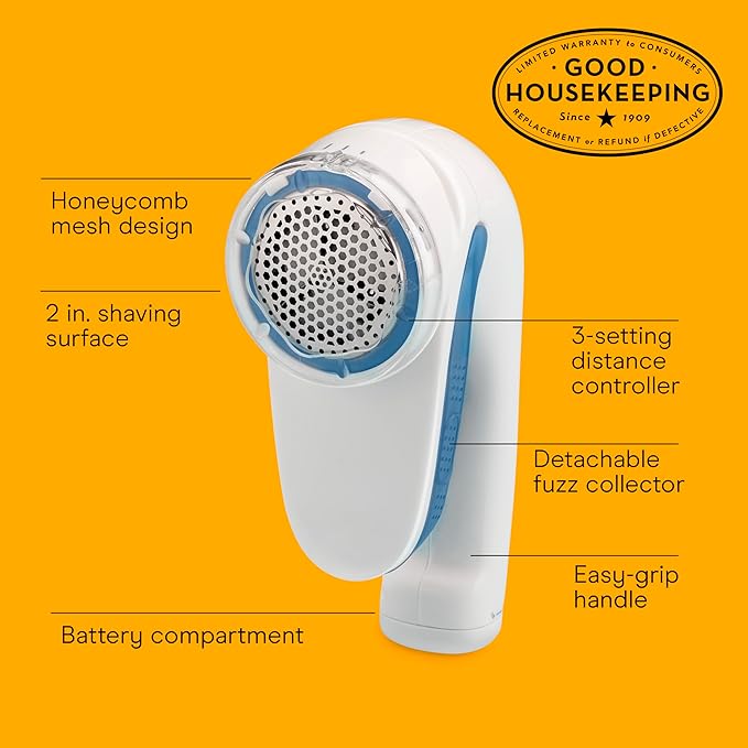 Conair Fabric Shaver and Lint Remover, Battery-Operated Portable Clothes Shaver with 3 Settings, Fuzz Remover for Sweaters, Clothing and Furniture, Large 2-Inch Shaving Head, White