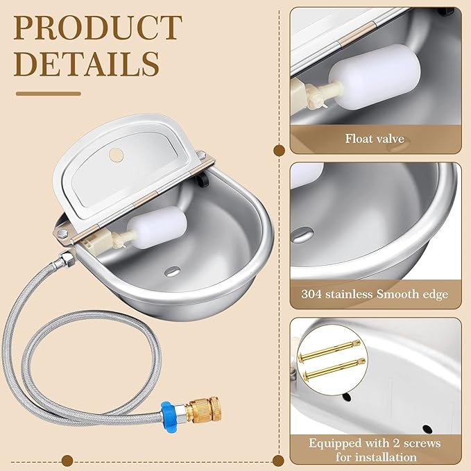 Bokon 2 Sets Automatic Animal Drinking Water Bowl, 304 Stainless Steel Waterer for Dog Cattle Goat Pig, Livestock Water Trough Dispenser with Pipe Hose, 4 Float Valves, Quick Connecter, Expansion Bolt