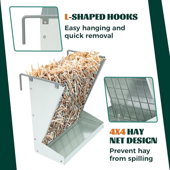 KUAFU Hay Feeder 2 in 1 Hay Rack Wall Mount Goat Feeders，Heavy Duty Galvanized Steel Hanging Feeders for Farm Livestock Small Goat & Sheep Grain Indoor Outdoor Uses