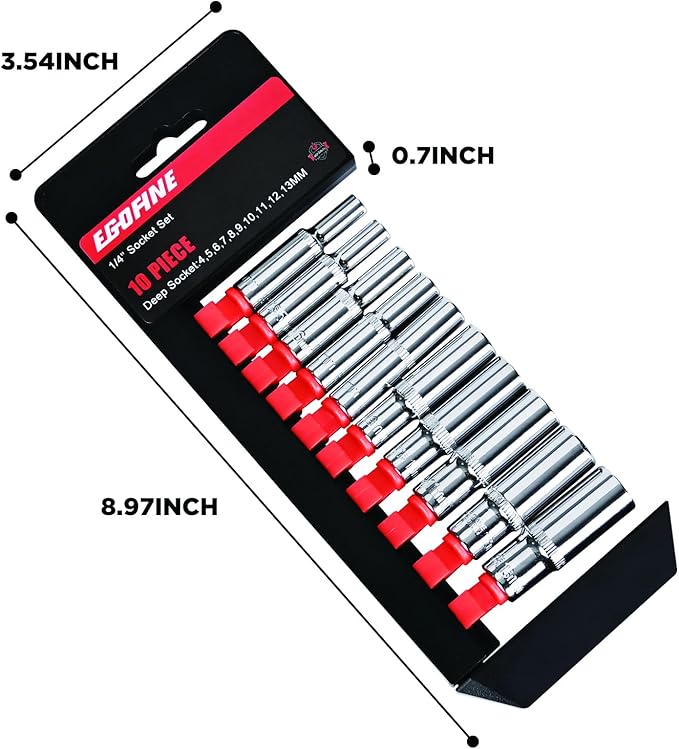 Egofine 10PCS 1/4” Drive Deep Socket Set,Metric Socket Set（4-13mm,6 Point Socket Set With Hanging Bracket,Cr-V Steel