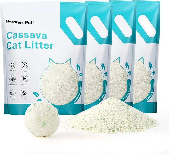 Gardner Pet Cassava Cat Litter, Clumping Tapioca Cat Litter with Odor Control, Low Dust, Natural Litter, Fast Absorption & Low Tracking Kitty Litter, Unscented with Deodorizing Pellets (9LBS*4)