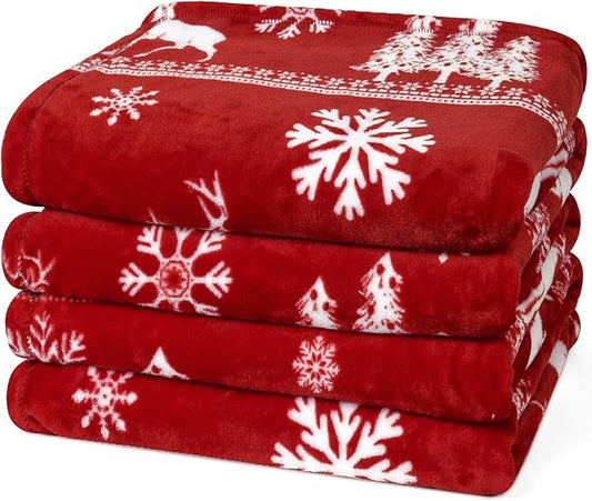 PHF Printed Fleece Blanket Queen Size, No Shed No Pilling Ultra Soft Plush Cozy Xmas Prints Theme Home Décor Flannel Blanket for Bed, Sofa, Couch and Gift, 90 "x 90", Reindeer and Trees, Red