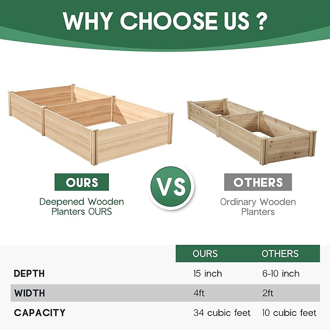 AMERLIFE 8x4 Ft Wood Raised Garden Bed, Durable 15 Inch Depth Planter Box for Vegetables, Herbs, and Flowers, Ideal for Outdoor Gardening with Open Base