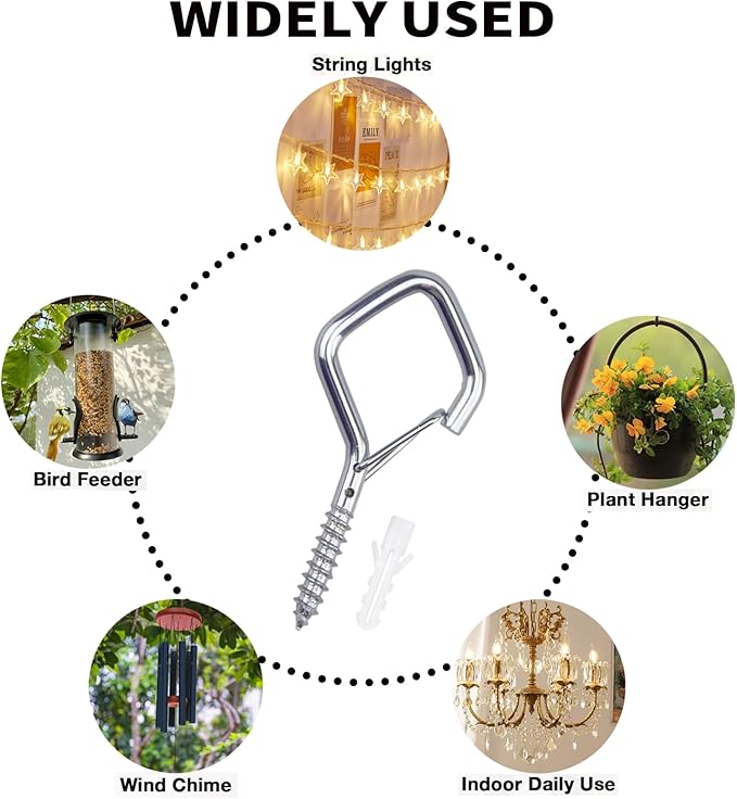 50 PCS Sliver Eye Screw Hooks for Hanging Heavy Duty with Safety Buckle.Metal Ceiling Hooks for Hanging Plants Cup Wind Chime Bird Feeders Patio Lights at Indoor&Outdoor