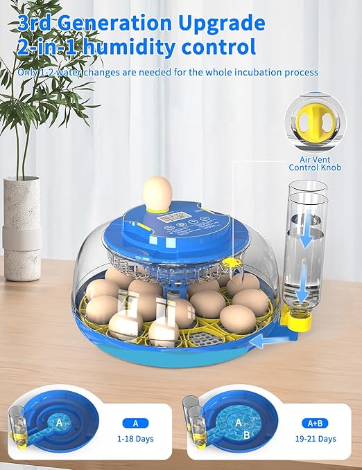 18-Egg 360° Panoramic Egg Incubator with Automatic Egg Turning and Humidity Control- Perfect for Hatching Chickens, Ducks, Quail & Other Birds (Blue)