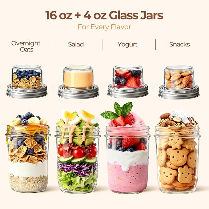 ComSaf Overnight Oats Containers with Lids (16OZ+4OZ, 2PCS) On-The-Go Dual-Laryer Yogurt Parfait Cups with Dry and Wet Separation Mason Jars for Chia Pudding Cereal Nut Fruit Meal Prep Salad