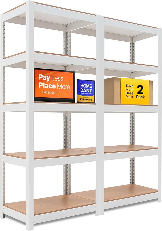 HOMEDANT House 5 Tier Laminated Metal Shelving Unit Adjustable Storage Utility Rack Heavy Duty Shelves Organization Multipurpose Shelf Kitchen Garage Pantry Closet (2, (S) 24.4" W, White)