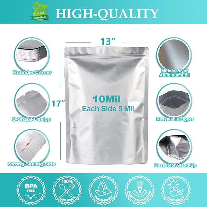 SHXWELL 30PCS 2 Gallon Mylar Bags for Food Storage, 13"x17" 10 Mil Stand-Up Zipper Pouches Resealable and Heat Sealable for Long Term Food Storage(13"x17", Extra Thick)