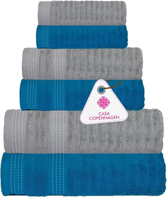 CASA COPENHAGEN Elegance Collection Towels 550 GSM 2 Bath Towel 2 Hand Towel 2 Washcloths, Super Soft Egyptian Cotton 6 Towels Set for Bathroom, Kitchen & Shower - Teal + Grey