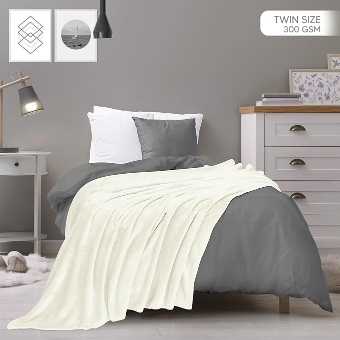 Utopia Bedding Fleece Blanket Twin Size Ivory 300GSM Luxury Anti-Static Fuzzy Soft Microfiber Bed Blanket (90x66 Inch)