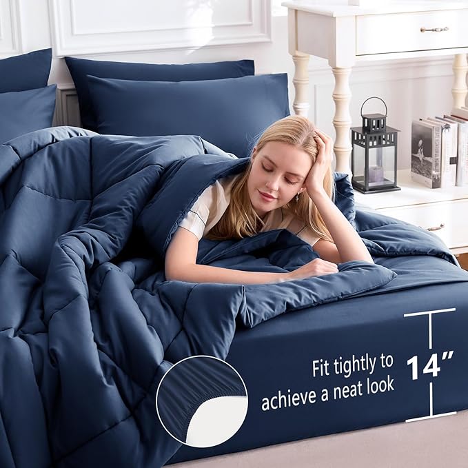 CozyLux Oversized Queen Comforter Sets Navy Blue, 7 Pieces Bed in a Bag, Ultra-Soft All Season Bedding Sets with Stitch Quilted Comforter, Flat Sheet, Fitted Sheet, Pillowcases, Navy Blue