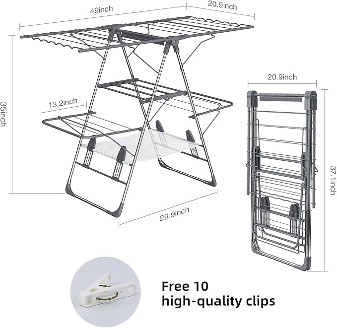 Clothes Drying Rack, Foldable 2-Level Laundry Drying Rack for Clothes,Stainless Steel Drying Rack Clothing Collapsible for Indoor Outdoor,with Height-Adjustable Wings