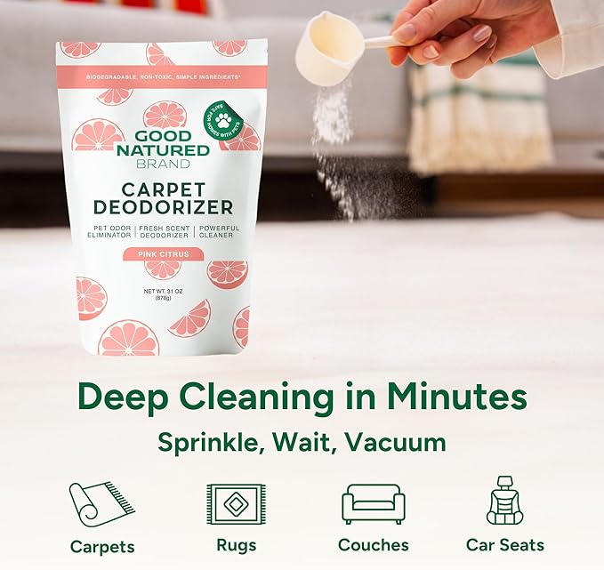 Good Natured Brand | Carpet Deodorizer & Freshener Powder | 31 oz Pet Odor Eliminator for Strong Odor & Pet Urine | Fresh Natural Pink Citrus Scent | Safe for Homes with Pets