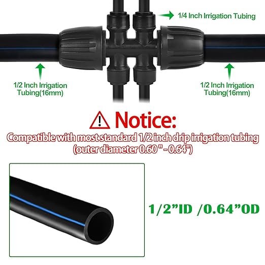 1/2 Inch To 1/4 Inch Drip Irrigation Fittings, 8 Pack Push-to-Fit 1/2" (1/2" ID x 0.65" OD) to 1/4" Drip Line Reducing Tee 1/2" x 1/4" 6 Way Splitter Connectors for Garden Irrigation System