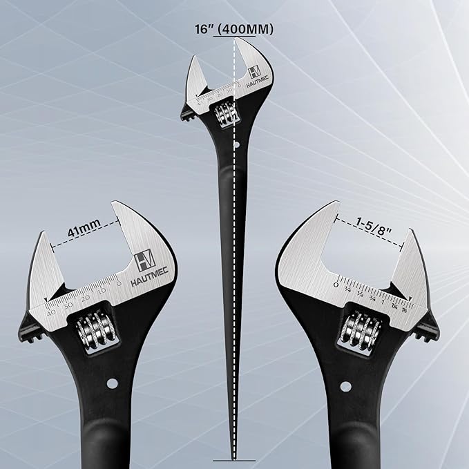 HAUTMEC 16 inch Adjustable Spud Wrench, Wide Jaw Up to 1-5/8"(41mm), Adjustable Spud Wrenches with Tail Pry Bar Features, Black Oxide Finish, Forged CR-V Steel Metric & SAE Scales with Tether Hole