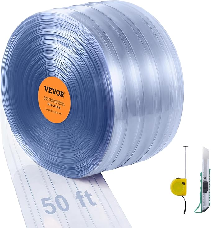 VEVOR Strip Curtain, 50' Length x 8" Width x 0.08" Thickness, Clear Ribbed PVC Curtain Strip Door Bulk Roll, Plastic Door Strips for Doorways of Supermarket, Garage, Warehouse, Barn, Pet Animal House