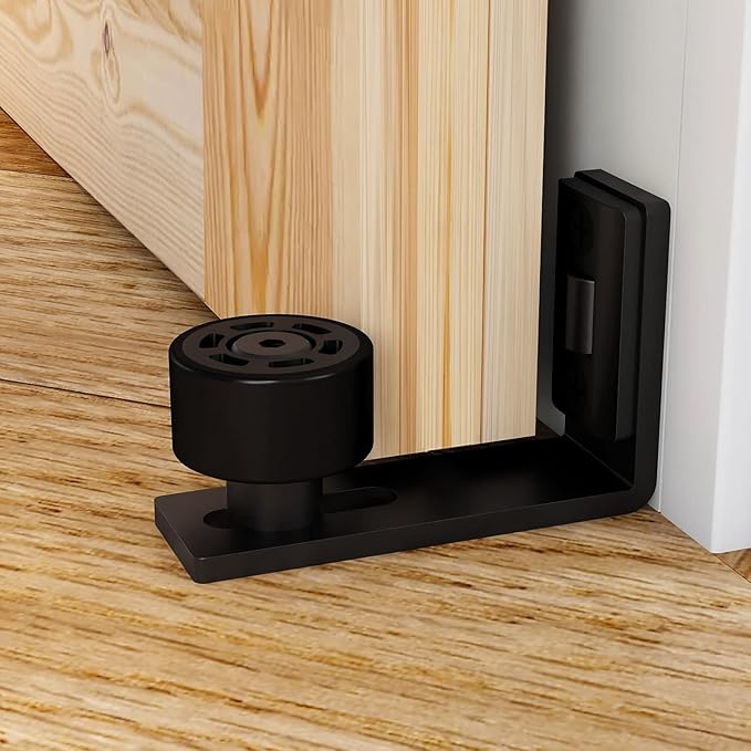 Sliding Barn Door Floor Guide Wall Mount Hardware Adjustable Stay Rollers, Smooth Wheels Flush Bottom Countersunk Holes Black 2 Pack
