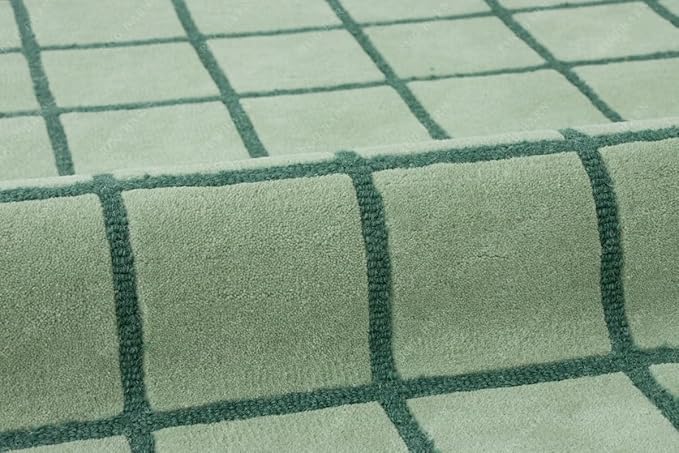 Mint Green Scalloped Edge Wool Area Rug with Checker Grid Design, Hand-Tufted Soft Carpet for Living Room, Bedroom, Nursery, Kids & Playroom Décor - 9x13 Ft