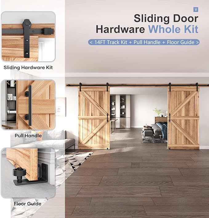 EaseLife 14 FT Double Sliding Barn Door Track and Handle Hardware Kit,Straight Pulley,Slide Smoothly Quietly,Easy Install (14FT Track Kit for 40"~42" Wide Double Door)
