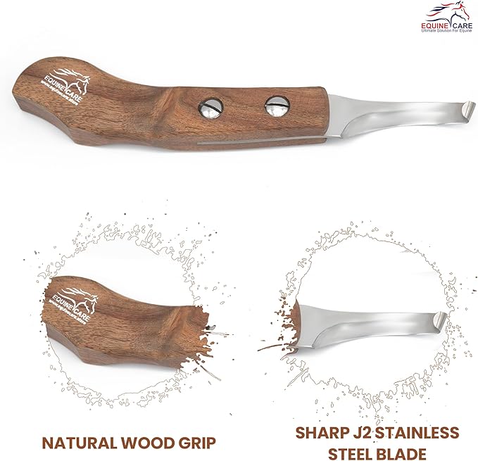 Equine Care Left-Handed Hoof Knife – Ultra-Sharp J2 Steel Blade | Professional Farrier Hoof Knife & Horse Hoof Trimmer | Ergonomic Wooden Handle for Horses & Livestock Hoof Care