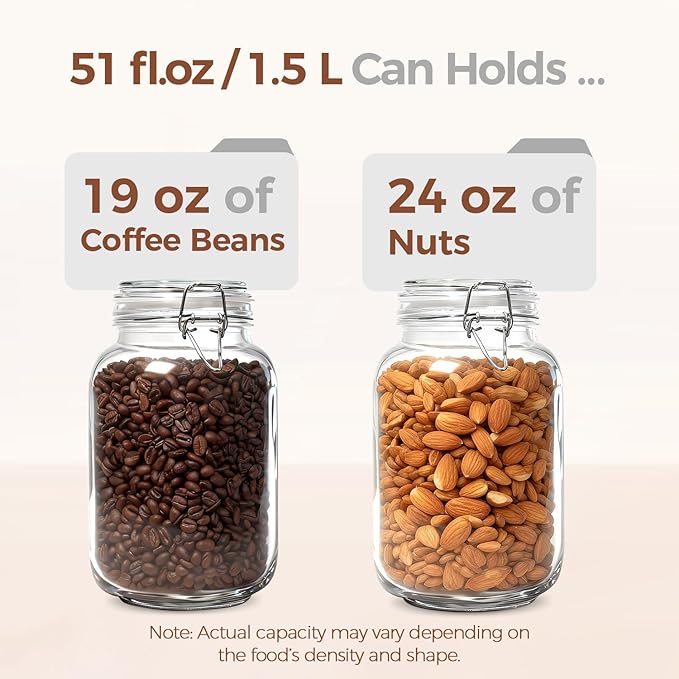 ComSaf Airtight Glass Canister Set of 3 with Lids 51oz Clear Food Storage Jars Square, Kitchen & Pantry Organization Food Storage Container for Canning, Sugar, Flour, Pasta, Candy, Cereal, Coffee