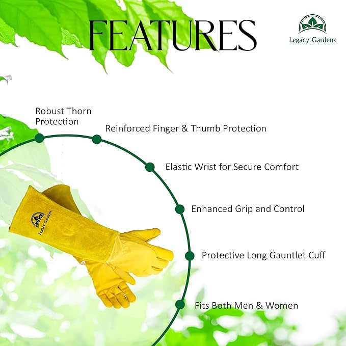 Leather Gardening Gloves for Women & Men, Long Garden Gloves, Cowhide Gauntlet Rose Pruning Thorn Resistant, Forearm Protection, 2XL, Yellow
