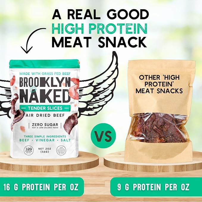 Brooklyn Naked Tender Slices Air Dried Grass Fed Beef Snack, Stripped down Clean Beef Jerky (2oz, Pack of 8) - AIP, Approved, Whole30 Approved, Paleo, Keto, Gluten Free, Sugar Free, Made in USA - (Naked Classic)