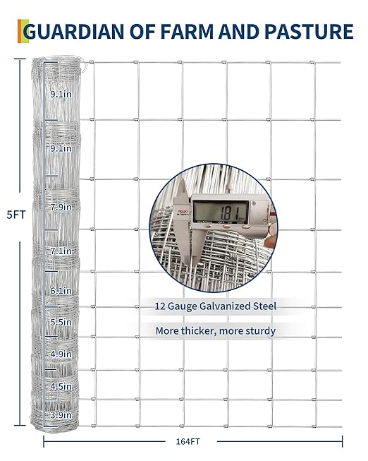 ACEKOOL Cattle Farm Fence, 5Ft x 164Ft Galvanized Wire Fencing for Cattle, Deer, Sheep, Goat, Livestock & Animals Protection, Fencing for Yard, Cattle Panel