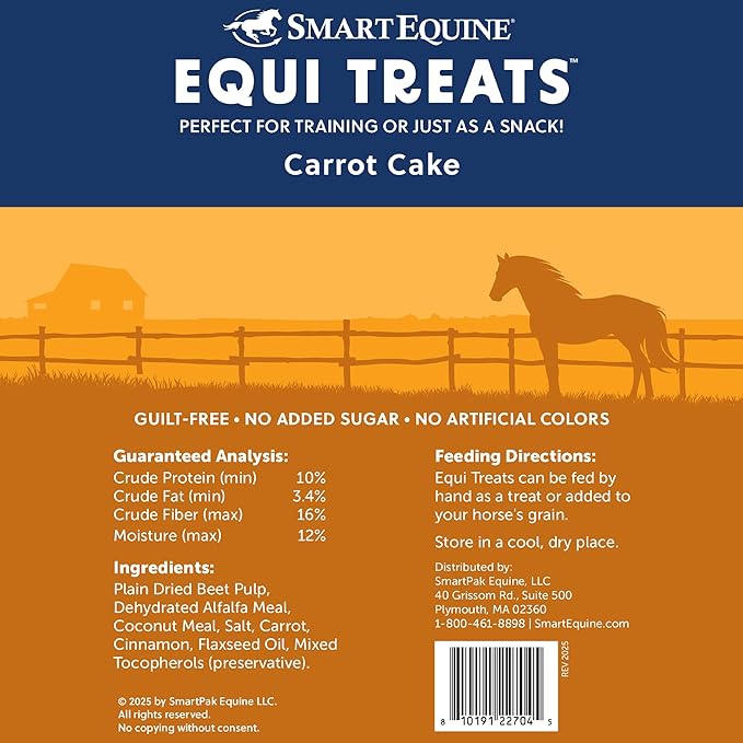 SmartEquine Equi Treats | Made with Beet Pulp & Alfalfa | High-Fiber Horse Treats | Low ESC & Starch | Bite-Sized | No Added Sugar | Carrot Cake Flavor Cookies for Horses | 4 lb Bag