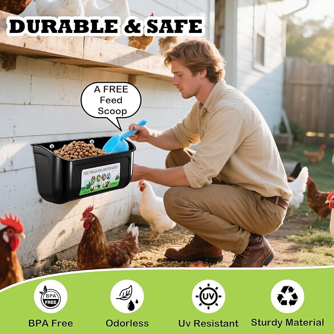 3 Pack Chicken Feeder, Duck Feeder Supplies, Hanging Fence Feed Trough with Clips for Goat, Sheeple, Piglet, Gooses, Turkeys, Dog Livestock Poultry, 8 Quarts in Total, Feed Scoop Included, Black