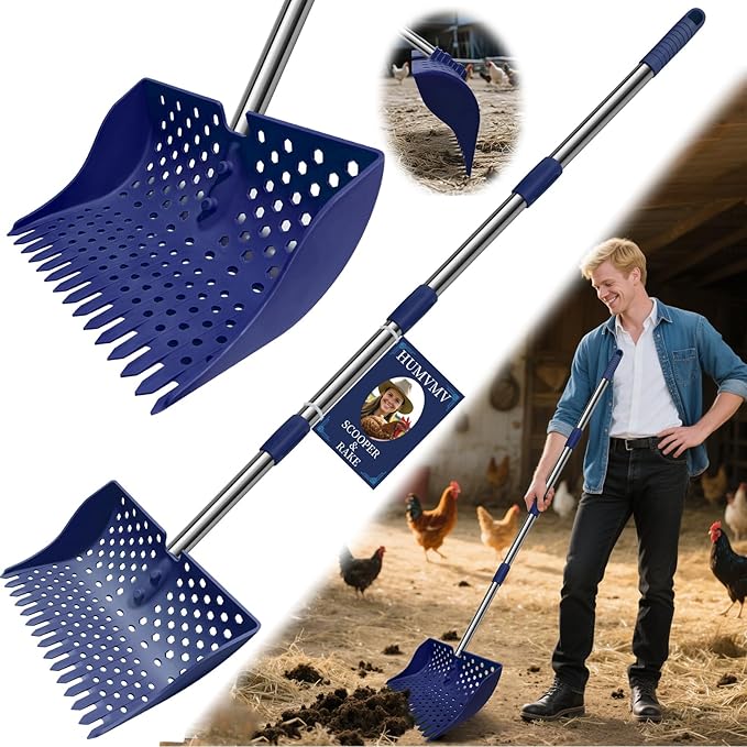 US Patent Pending 12-Inch 2-in-1 Chicken Poop Scooper & Rake,3-Shape Sifting Holes Chicken Coop Rake，Stainless Steel Handle （20–61"）– Litter Scooper & Sand Sifting Shovel for Chicken Coops（Blue）