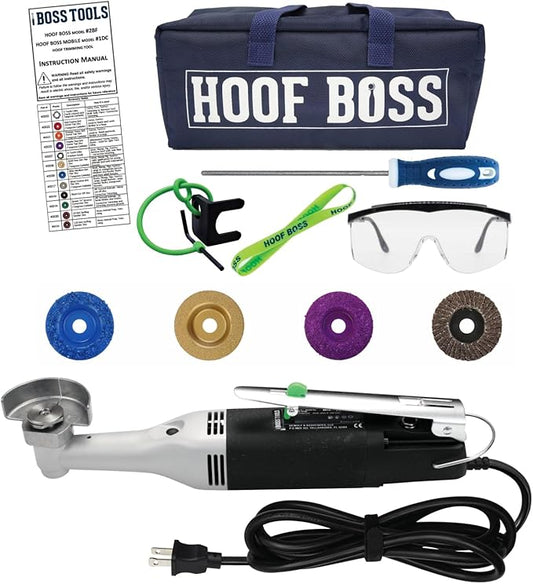 Hoof Boss Electric Goat Hoof Trimmer Kit, 110V US — Rotary Hoof Grinder for Goats & Small Ruminants with Medium & Fine Discs, Dome Top Finisher, Buffing Sander, Safety Glasses & Tool Bag