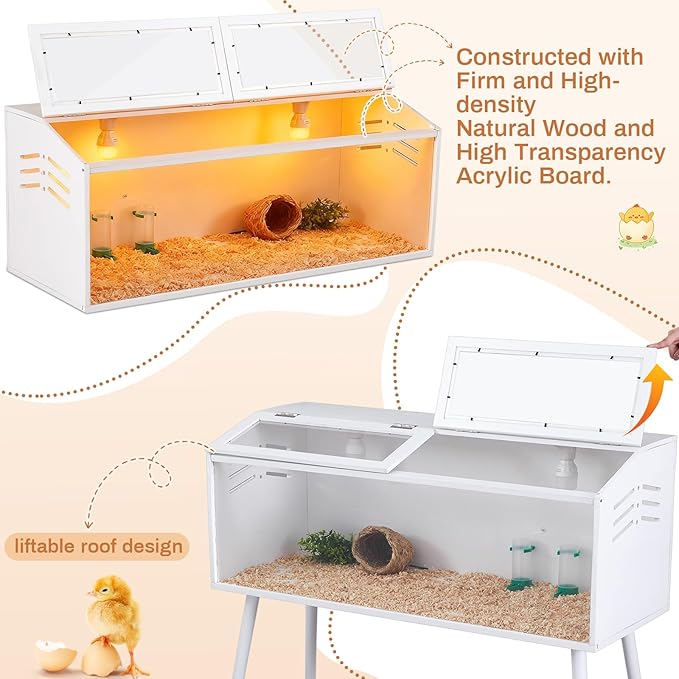 Brooder Box for Chicken Quails Stand Sliding Door, Bulb Set and Feeder, Indoor Chicks Coop Brooder Box Kit, for Ducks, Hamsters, Lizards, Mice, Rat (Table Legs,White,40 x 16 x 16 in)