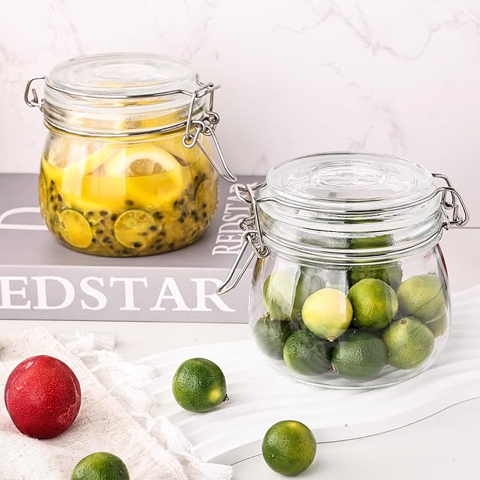 Liuruiyu 16oz - 6 Pack Round Glass Jars with Airtight Lid, Wide Mouth Mason Jars with Clamp Lids, Air Tight Glass Canisters, Food Storage Containers for Cereal, Pasta, Beans, Sugar, Coffee, Spice