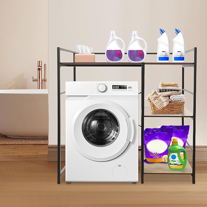 3 Tier Washing Machine Storage Shelf, Laundry Organizer Utility Rack with Side Shelves for Washer Dryer, Black Modern Storage Cabinet for Laundry Room Kitchen Balcony Hotel Porch