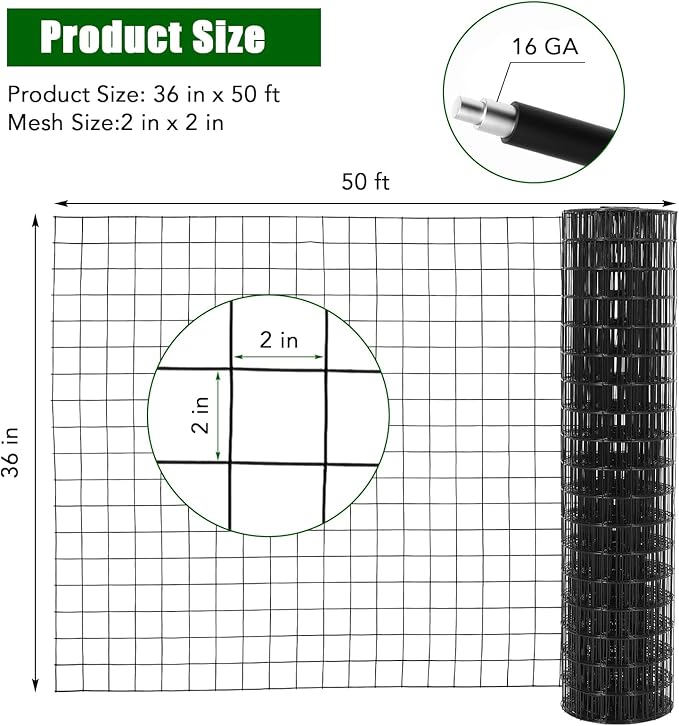 Wire Mesh Fence Roll 36inx50ft, 2inchx2inch 16GA Galvanized Steel Poultry Netting, Vinyl Coating Metal Wire Hardware Cloth Fence for Garden Yard Animals Plants Protection, Farm Fencing, Black