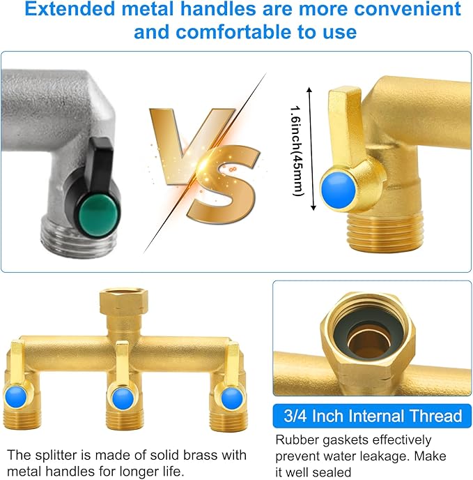 Garden Hose Splitter Full Flow, 3 Way Heavy Duty Outdoor Brass Hose Splitter with Metal Shutoff Valve and Long Handle Outdoor Faucet Diverter, 3/4" GHT Threads，Water Flow Increase