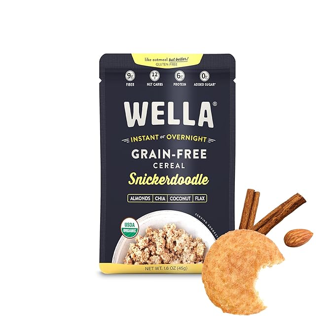 Wella Cereal Oatmeal Alternative, Gluten-Free Breakfast Hot Cereal, Grain-Free Paleo Organic Vegan High Protein Superfood, Plant-Based Non-GMO, Low in Net Carbs, Single-Serve Packets, Snickerdoodle Flavor (5 Count, 1.6 oz. Packets)
