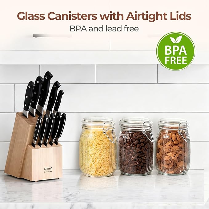 ComSaf Airtight Glass jar with lid 34oz Set of 3, Glass Storage Containers with Lids, Glass Canisters, Striped Clip Fastening Jar for Kitchen Canning, Tea, Pasta, Sugar, Beans, Cookie, Jam, Oat