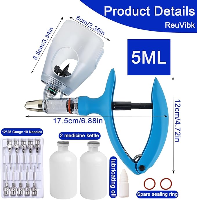 5ML Livestock Syringe Gun, Automatic Self Refill Injection Gun Continuous Adjustable Bottle Attachment Livestock Animal Syringe with 10 Needles, for Chicken, Duck, Pig, Sheep, Cow Poultry