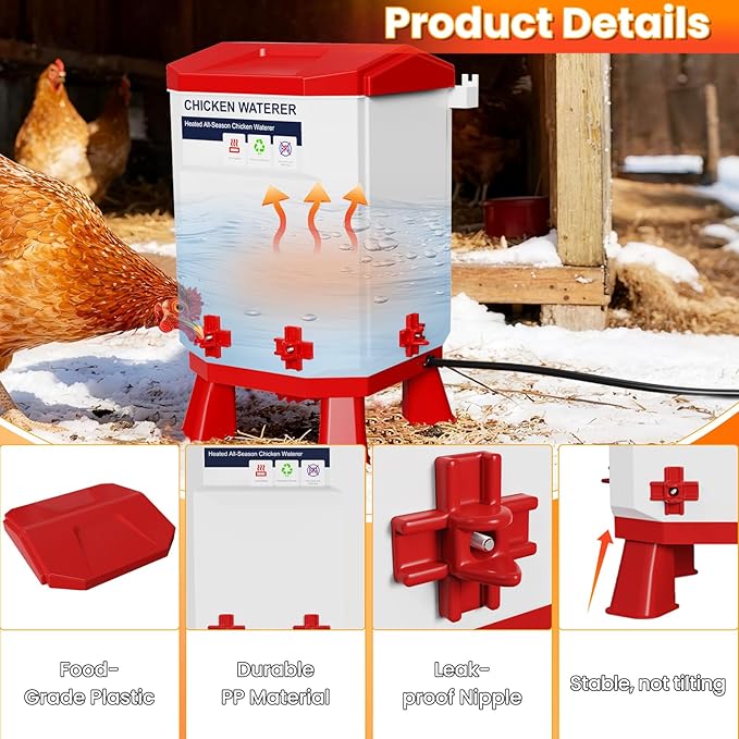 Nexum 2-Gallon Heated Chicken Waterer – All-Season Poultry Drinker with 4 Nipples and Stand, Keeps Clean & Unfrozen, Easy-Fill, Low Maintenance for Chickens, Ducks & Quail (Red, 7L)