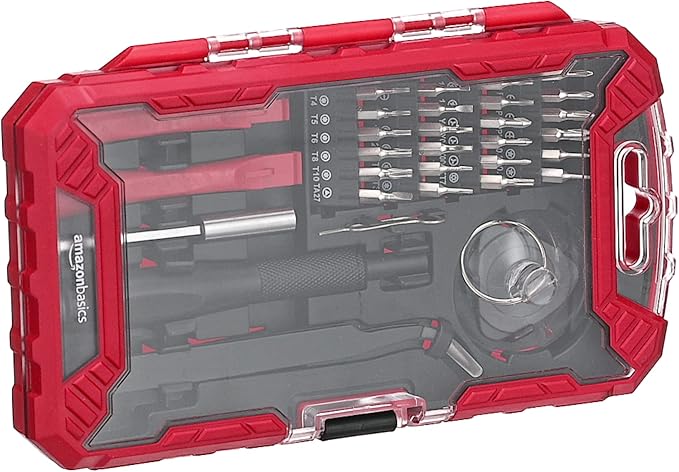 Amazon Basics Electronics Screwdriver Set, 32-Piece Tool Kit for Repair and Maintenance, Red