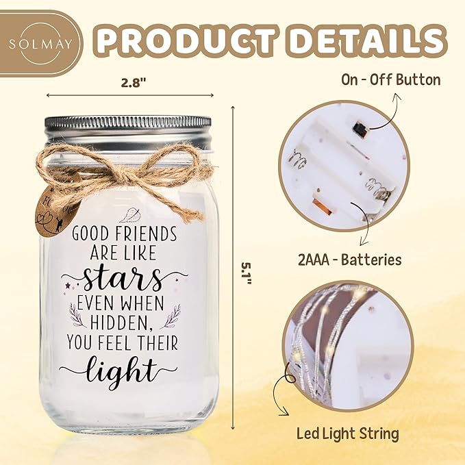 SOLMAY Friendship Gifts for Women – “Good Friends Are Like Stars” Mason Jar Night Light, Best Friend Birthday Gift for Women, Sentimental Christmas Gifts for Her, Cozy Rustic Home Decor Ready to Gift