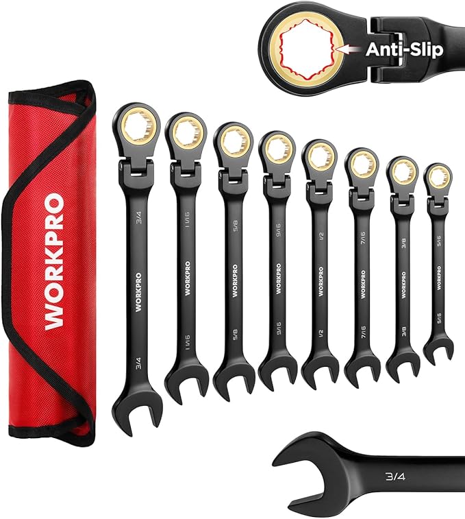 WORKPRO Ratcheting Combination Wrench Set, 8-piece Flex-Head Anti-Slip Set SAE 5/16-3/4 inch, 72-Teeth, Cr-V Constructed, Black Electrophoretic Coating with Rolling Pouch