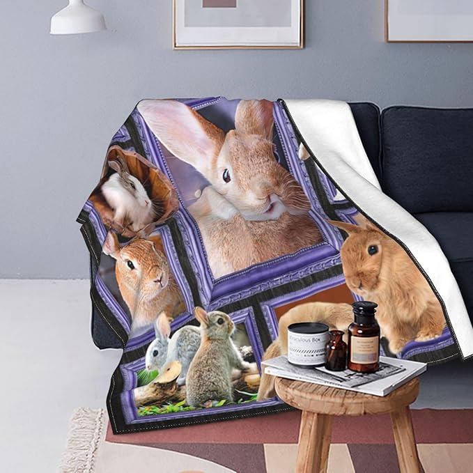 Rabbit Blanket Bunny Decor Throw Blanket Super Warm Soft Plush Lightweight Fleece Flannel Animals Blanket Rabbit Gifts for Women Girls Boys Men Kids for Winter Couch Bedding 50"X60"
