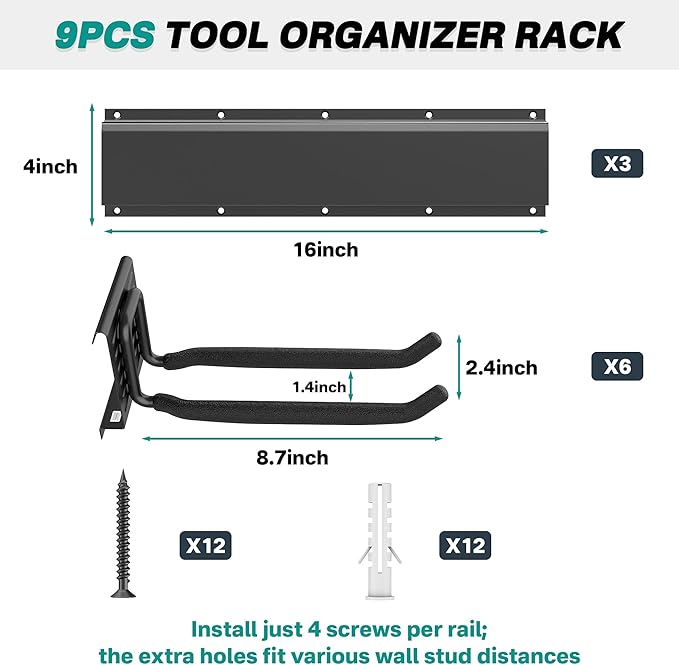 EVERHANGER Garage Tool Storage Organizer, Wall Mount Garden Tool Rack Organization, Heavy Duty Folding Chair Hangers with 6 Adjustable Hooks, Max Load 450lb, 48inch