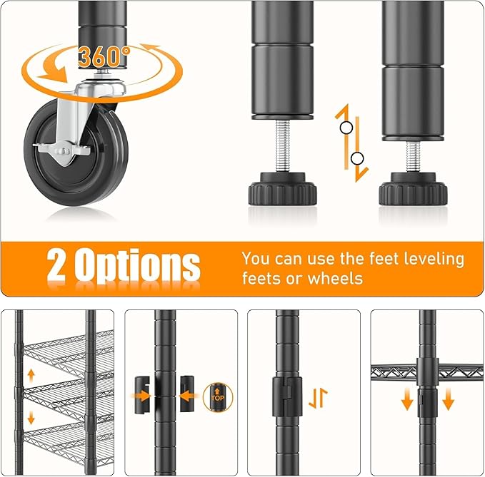 Himimi 72" H Storage Shelves 4 Tier Metal Shelving Adjustable Wire Shelf with Wheels, Heavy Duty Shelving for Garage Kitchen Pantry Bathroom Laundry 18" D*48" W*72" H, Black