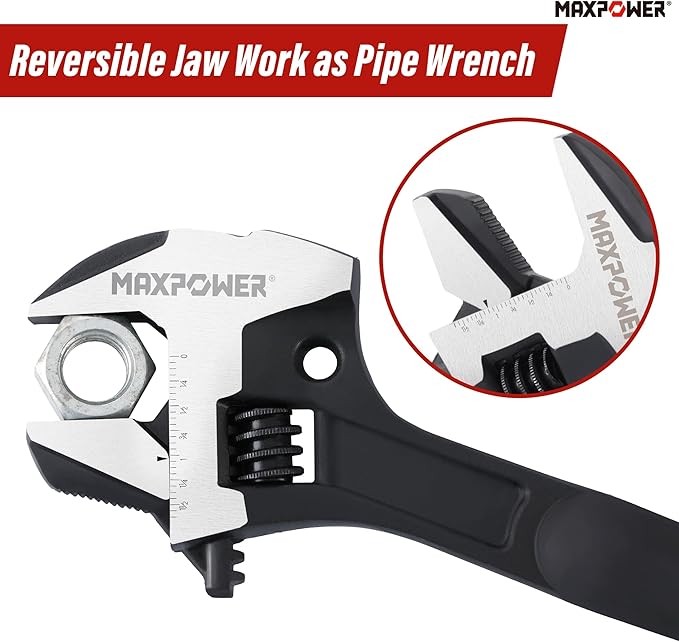 MAXPOWER 16-inch Adjustable Construction Spud Wrench, 4 in 1 Multifunctional Use for Spud Wrench, Adjustable Wrench and Hammer, Max Jaw Capacity Ups to 1.57"