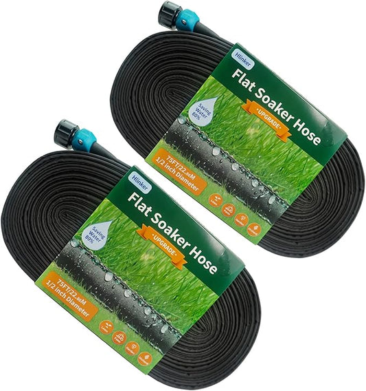 Flat Soaker Hose 75 150 FT for Garden Beds, 150FT 1/2" Linkable Consistent Drip Irrigation Hose Save 80% Water, Leakproof Heavy Duty Double Layer Sprinkler Hose